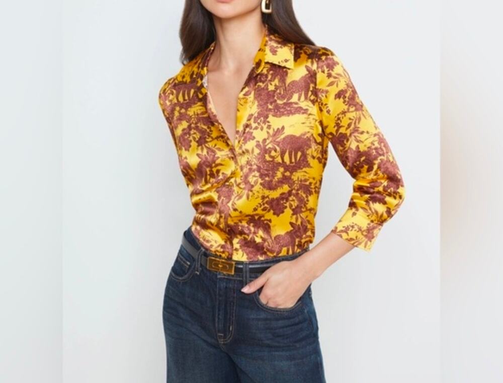 L'Agence Dani Blouse Silk Button Up Shirt Large Safari Animal Leopard Cheetah